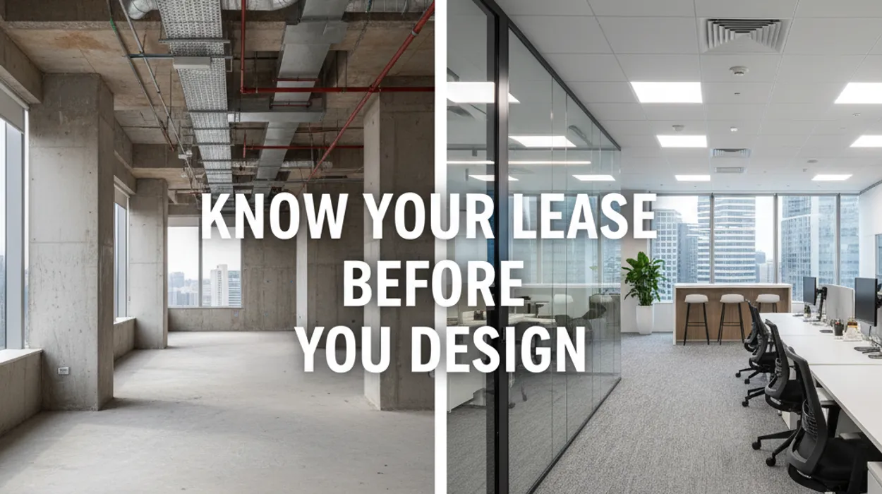 Before and after office renovation in Singapore commercial lease showing cosmetic fit-out vs structural changes.