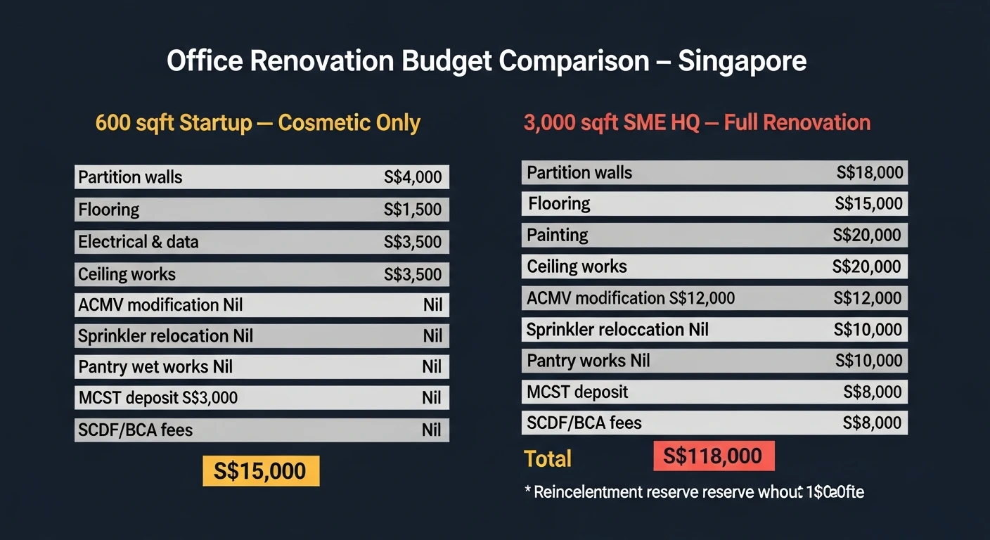 Budget comparison of 600 sqft startup office cosmetic fit-out versus 3,000 sqft SME office full renovation in Singapore.