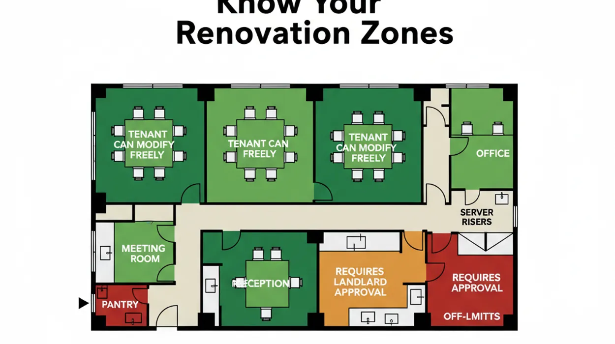Office floor plan showing renovation zones allowed, conditional, and restricted under typical Singapore commercial lease.