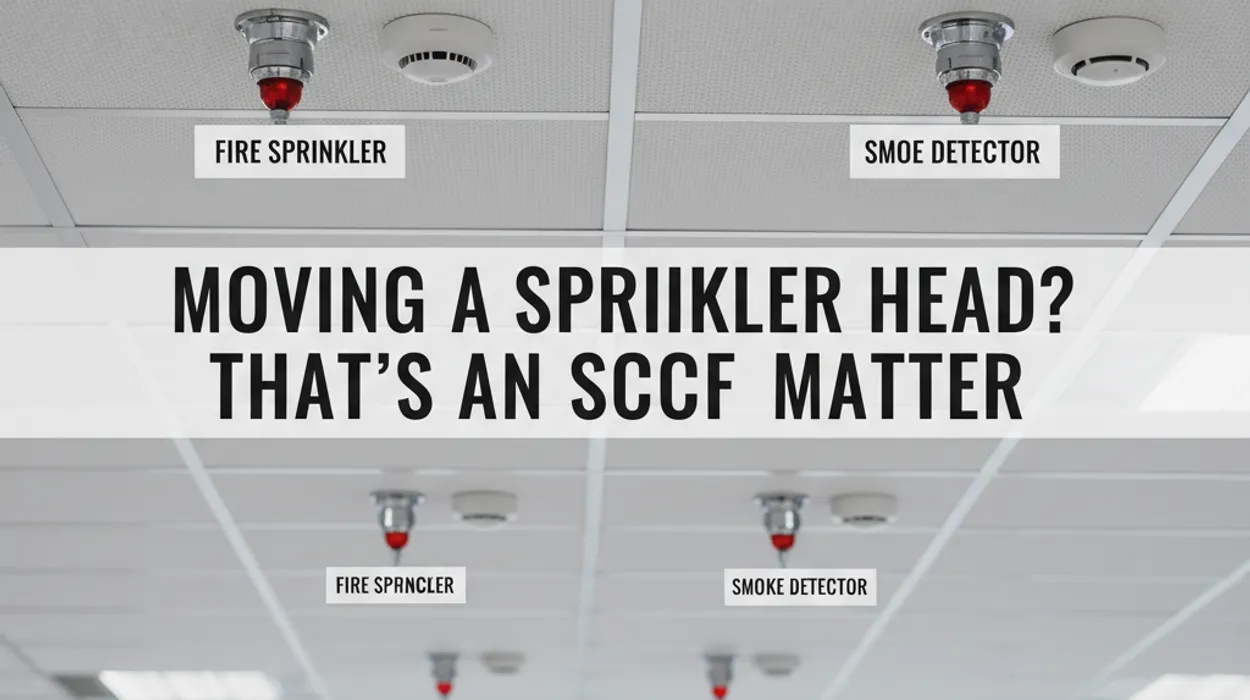 Singapore office ceiling showing sprinkler heads and smoke detectors that require SCDF approval for relocation during renovation.