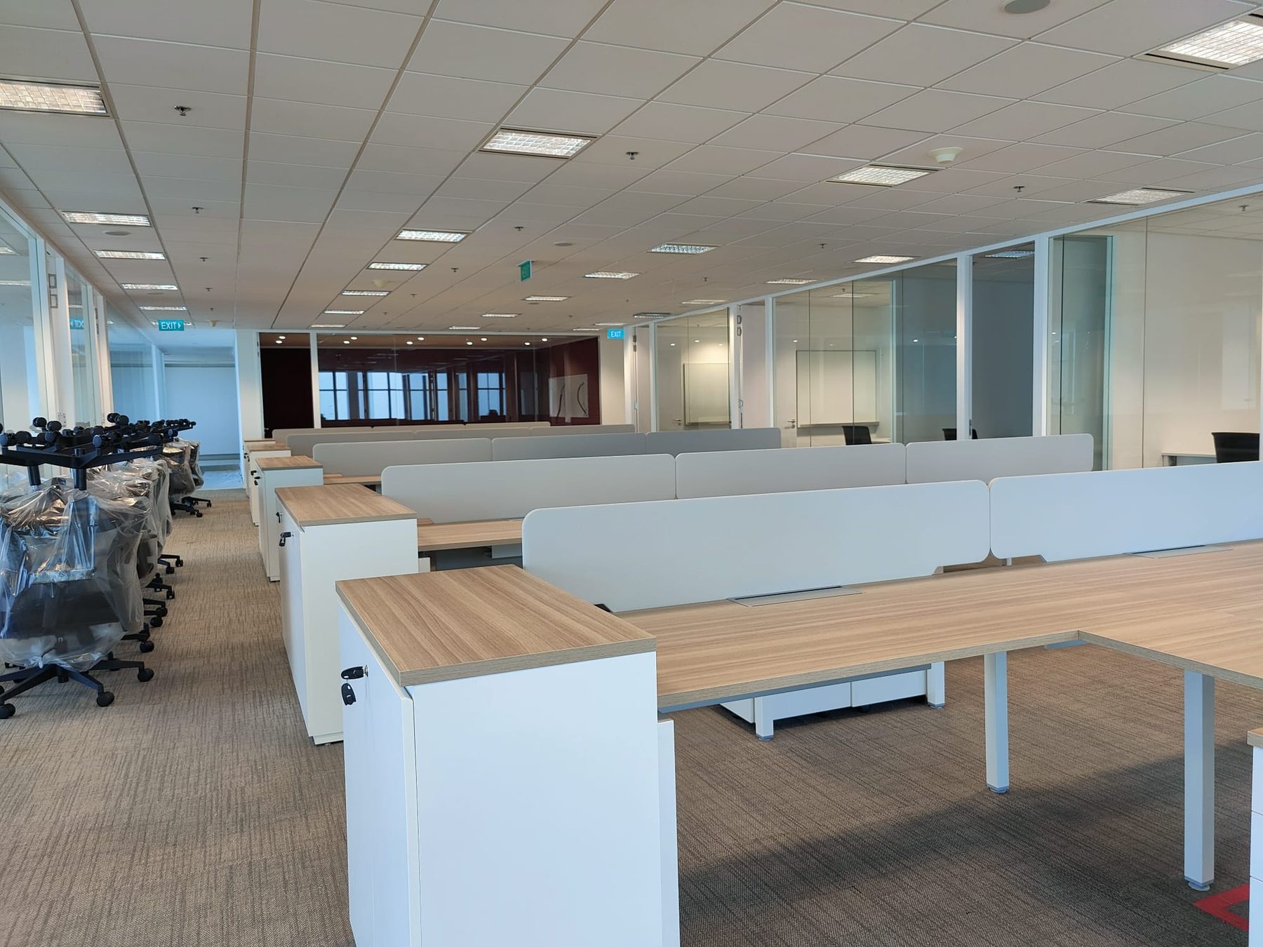 Open plan with new oak benching and chairs still in their wrapping
