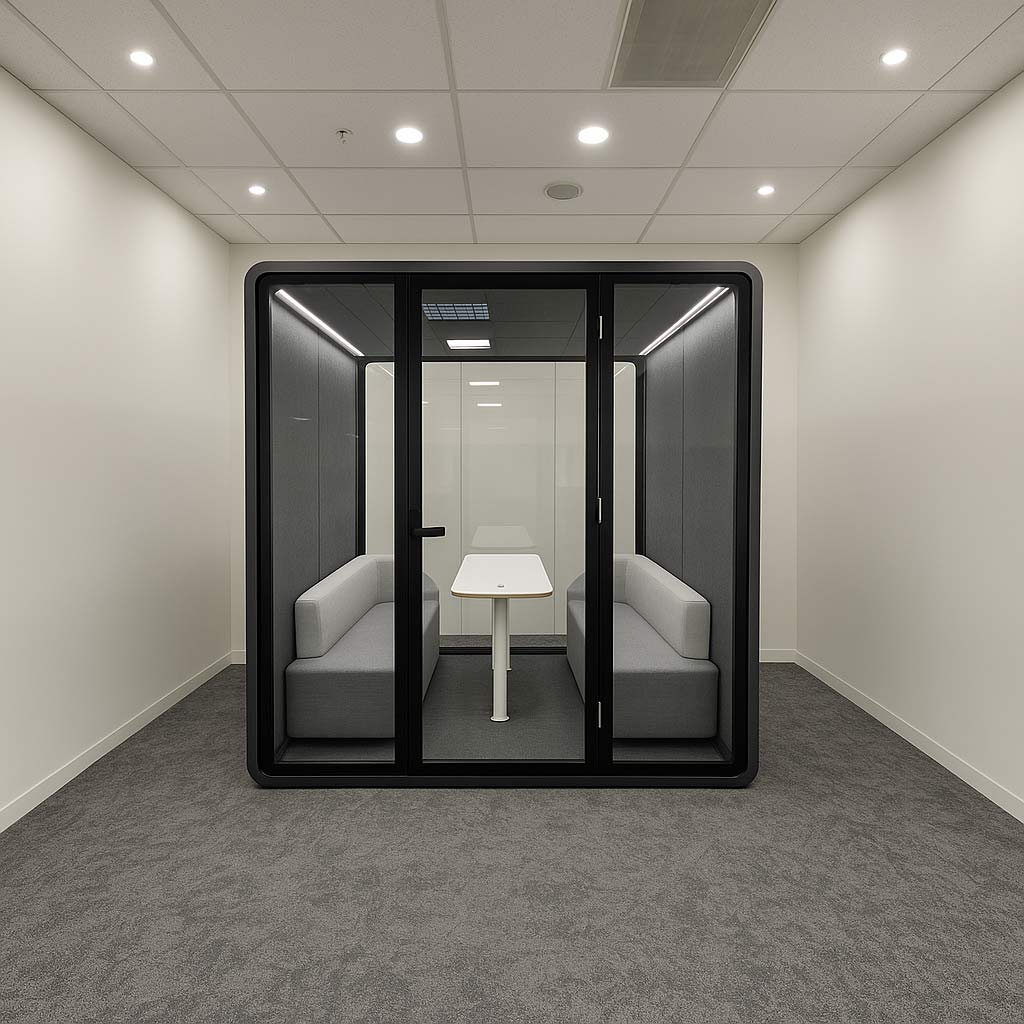Four-person meeting pod with a glass door, New Tech Park, office by Metadesign Interior